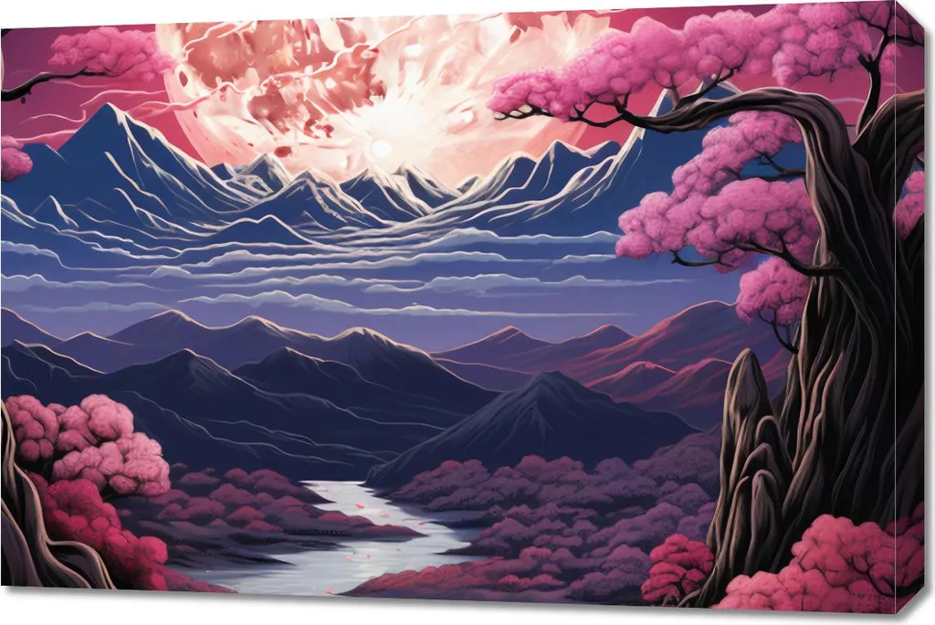 Tableau Décoratif 90x60 cm Paysage Onirique Rose pour Salon et Chambre