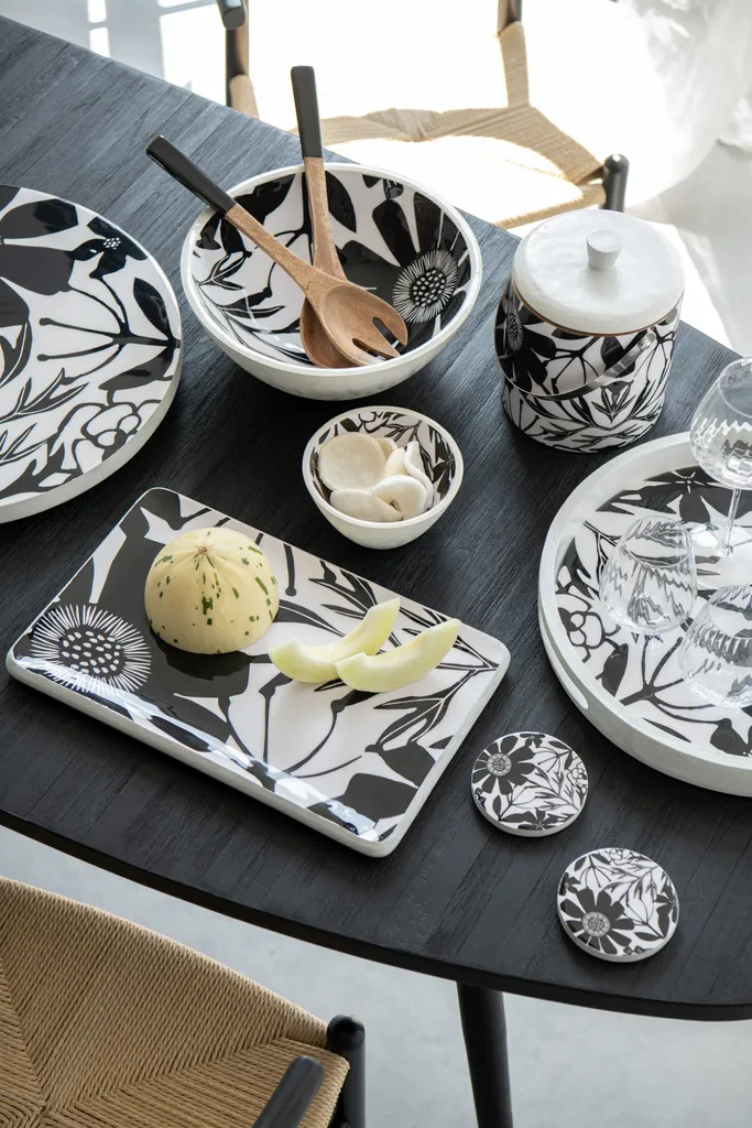 Plateau Bois de Manguier Noir et Blanc à Motif Fleurs avec Poignée - 2
