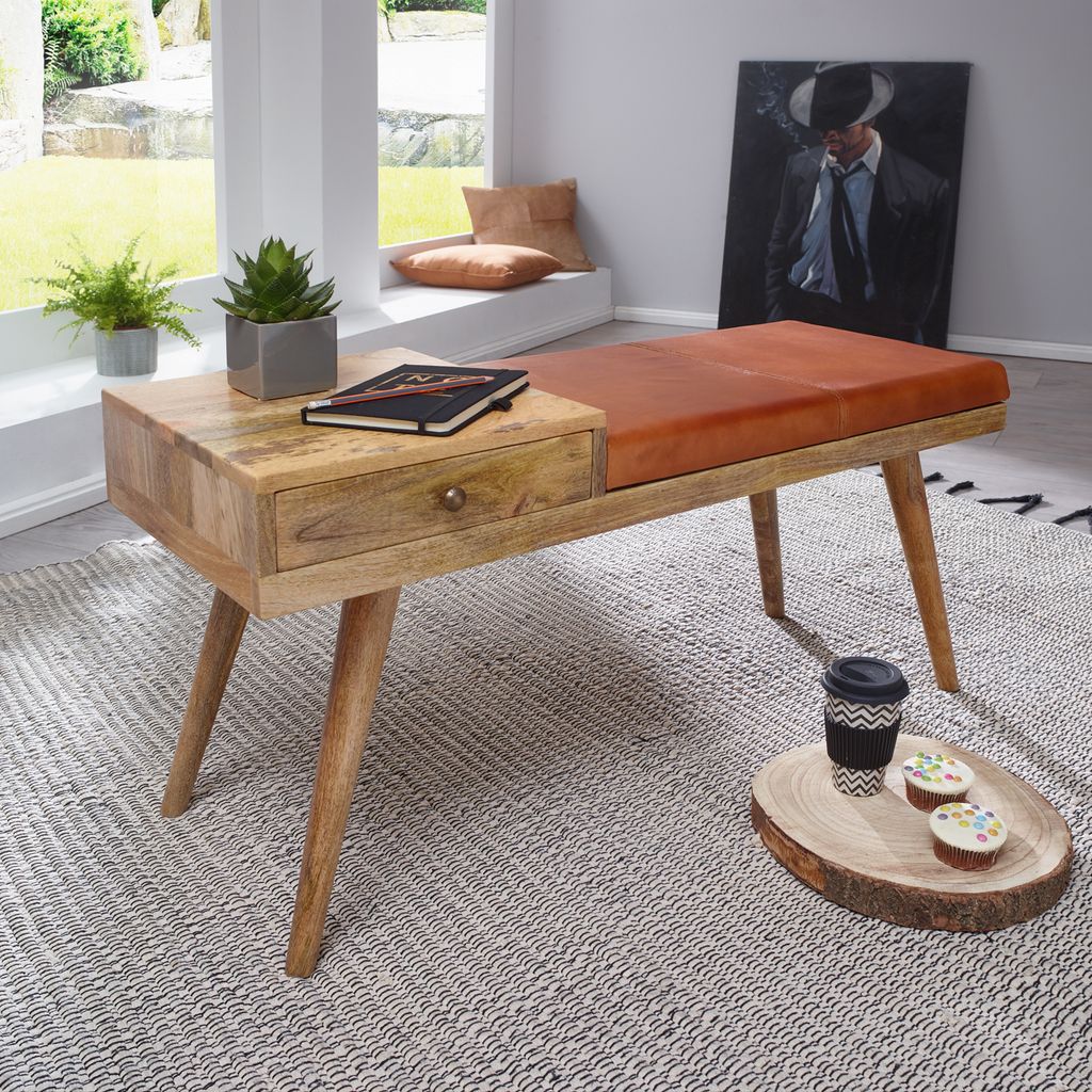 WOHNLING Sitzbank Ziegenleder / Massivholz Bank 100x52x38 cm im Retro Stil Flur Polsterbank mit Stauraum Gepolsterte Lederbank Aufbewahrung Braun