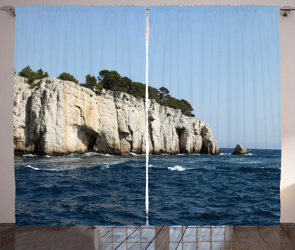 Rideau pour salon ambiance bord de mer 280x225 cm bleu et blanc