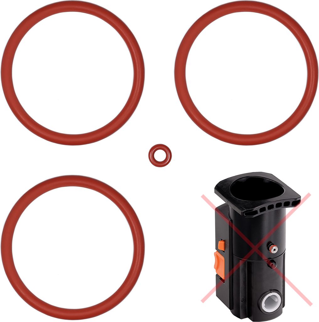 A collage of red rubber O-rings and a black plastic component with red X's overlayed.