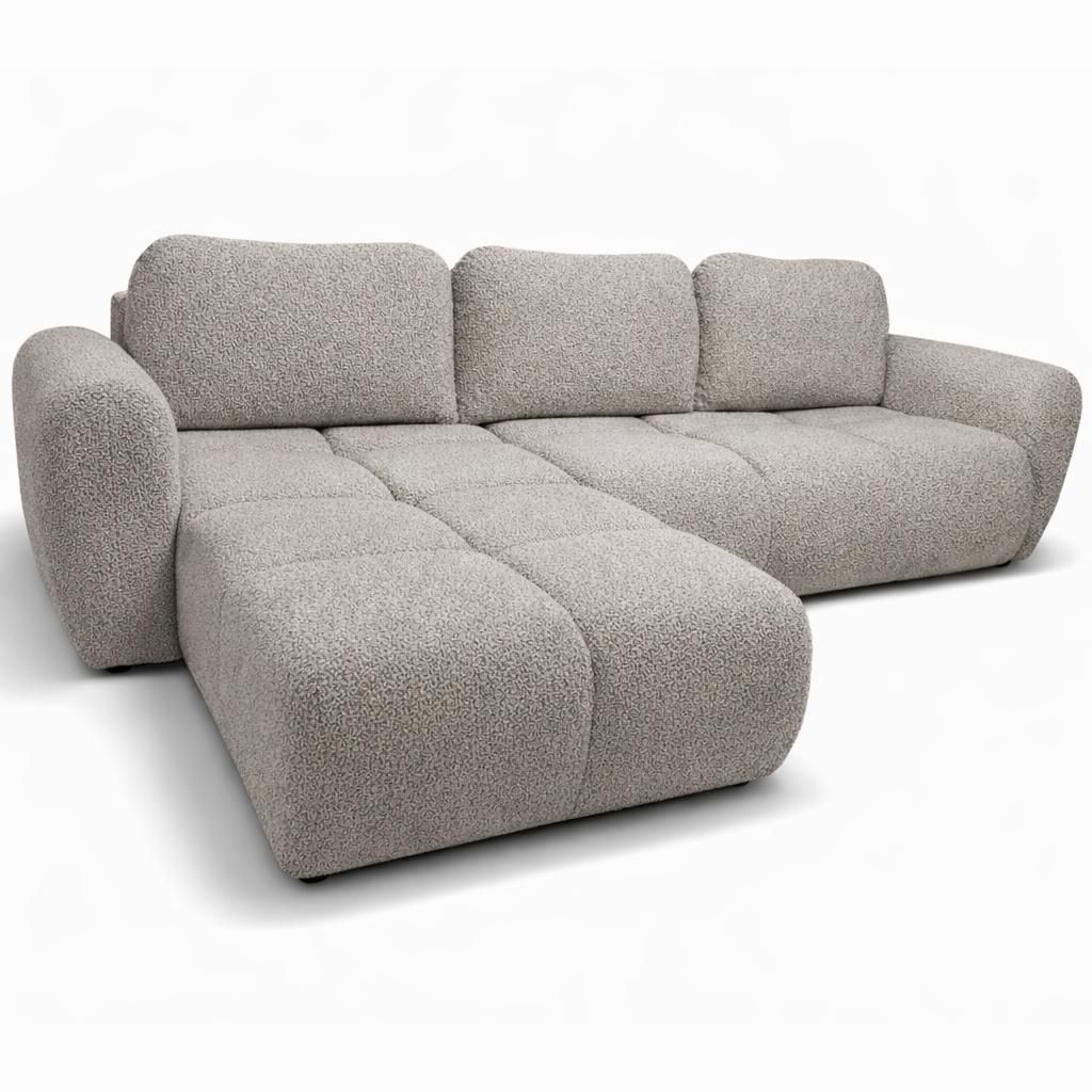 Ecksofa Agnello mit Schlaffunktion – Premium-Steppung, Bouclé-Stoff, Bettkasten | 290 × 185 cm | Links | Grau-Beige