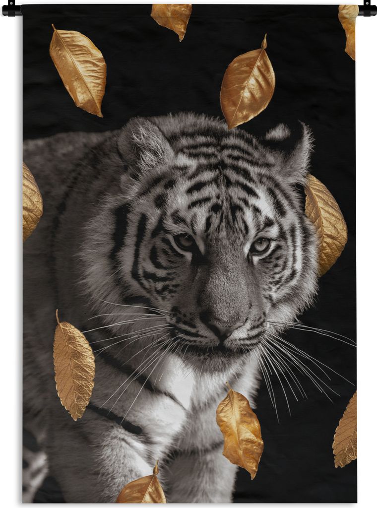 MuchoWow Wandteppich Wandbehang Tiger - Golden - Blätter 120x180 cm Tapisserie Dekoration Wandtuch - Schlafzimmer - Dekorationen für das Haus