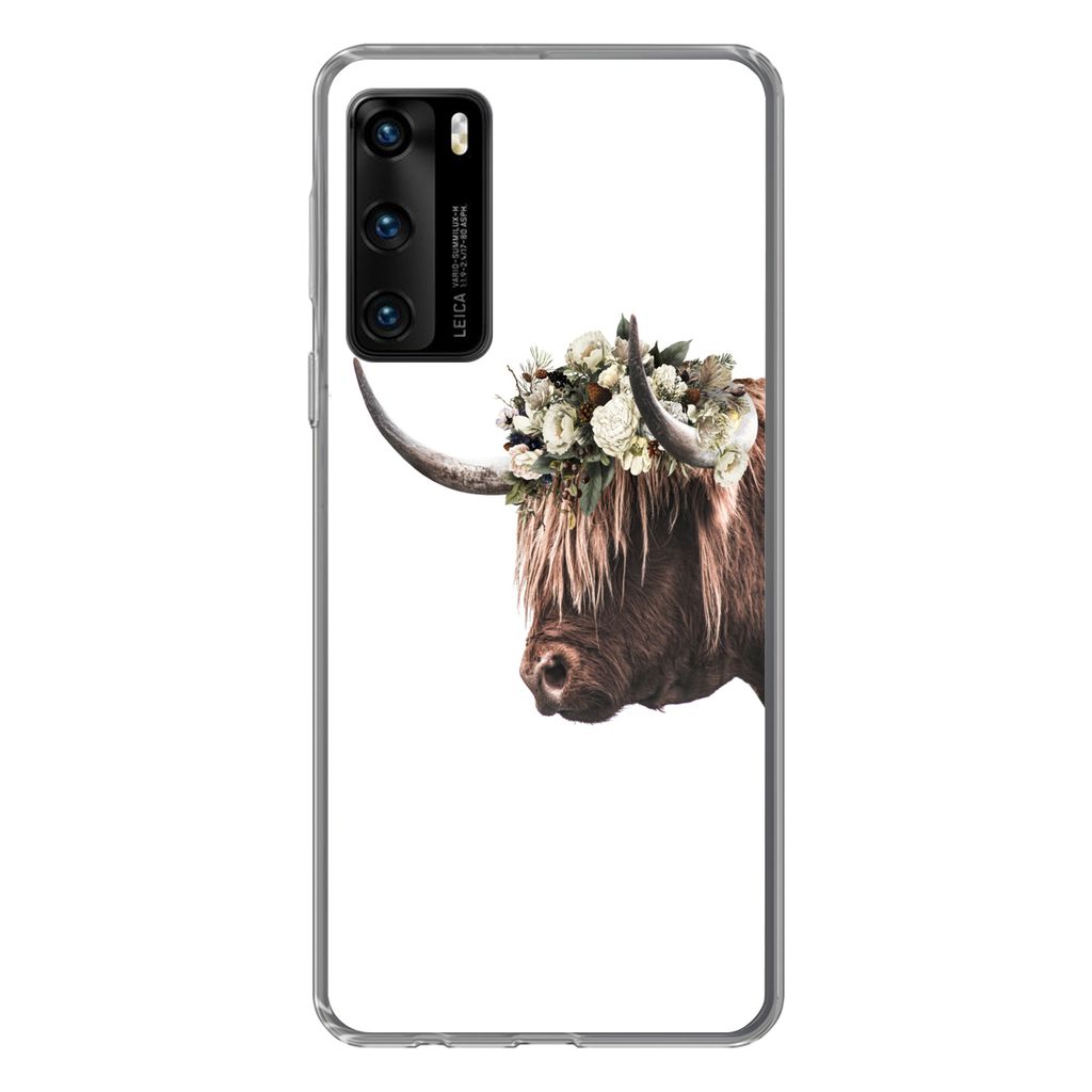 MuchoWow Handyhülle Schutzhülle Hülle für Huawei P40 Schottischer Highlander - Kuh - Rosen Silikon Softcase Handy Hülle - Handytasche