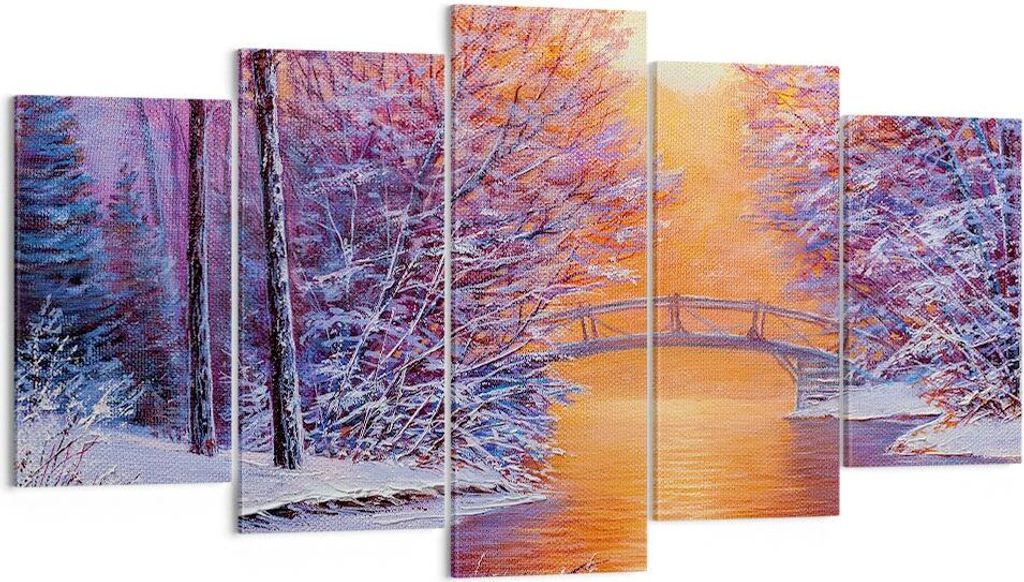 Bild auf Leinwand - Leinwandbild - 5 Teile - Brücke Schnee Wald - 160x85cm - Wand Bild - Wanddeko - Wandbilder - Leinwanddruck - Bilder - Wanddeko...