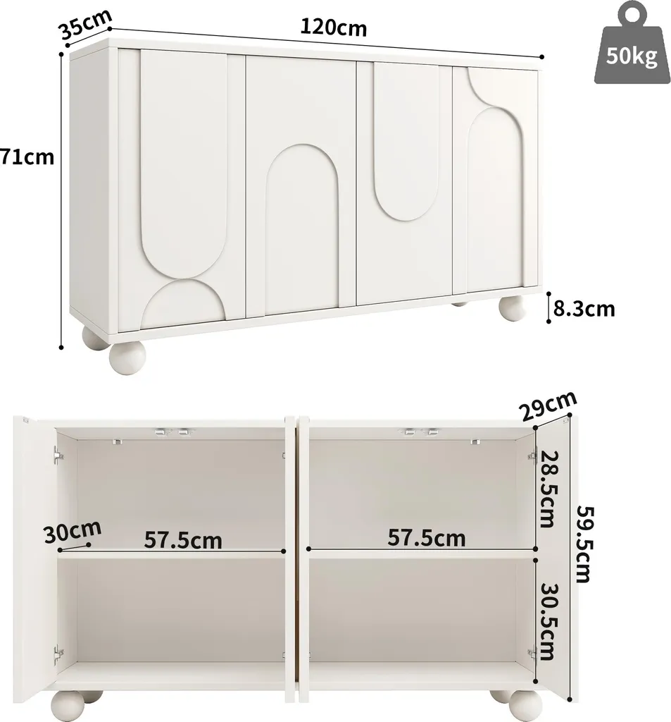 Buffet blanc 120 x 35 x 71 cm avec système d'ouverture par pression