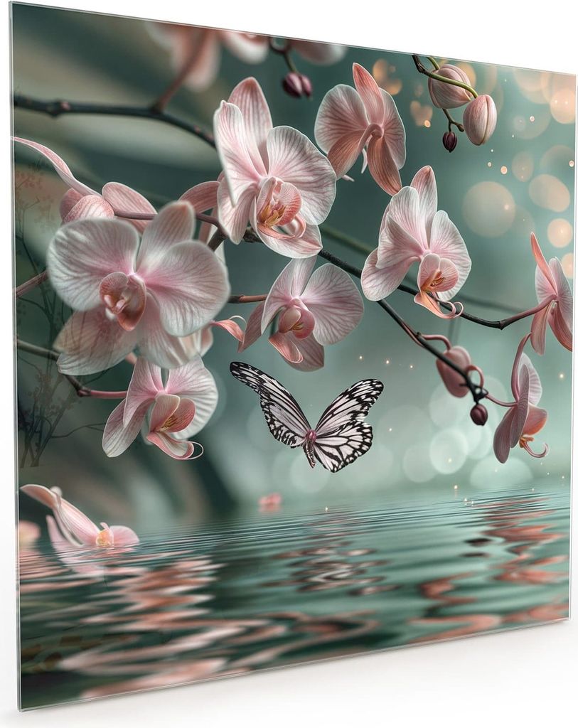 Küchenrückwand Spritzschutz Glas mit Motiv Orchideen Schmetterling 40 x 40 cm