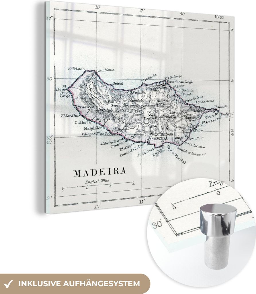 MuchoWow Glasbilder - Bilder auf Wandbild - Foto auf Glas Alte Vintage-Illustration von Madeira 20x20 cm Wanddekoration aus Glas - Acrylglasbild - ...