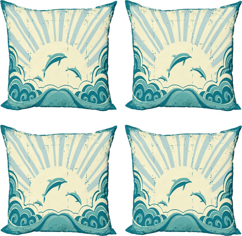 ABAKUHAUS Delfin Kissenbezug Set (4 Stück), Nautical Inspirations, Moderner Doppelseitiger Digitaldruck, 50 cm x 50 cm, Teal Blassgelb
