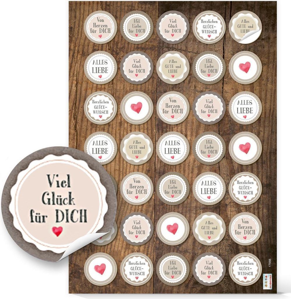 Sticker im Vintagestil verschiedene Schriftzüge - 3,2 cm rund - beige rot grau Geschenke Verzierung140 Aufkleber / 4 Bögen