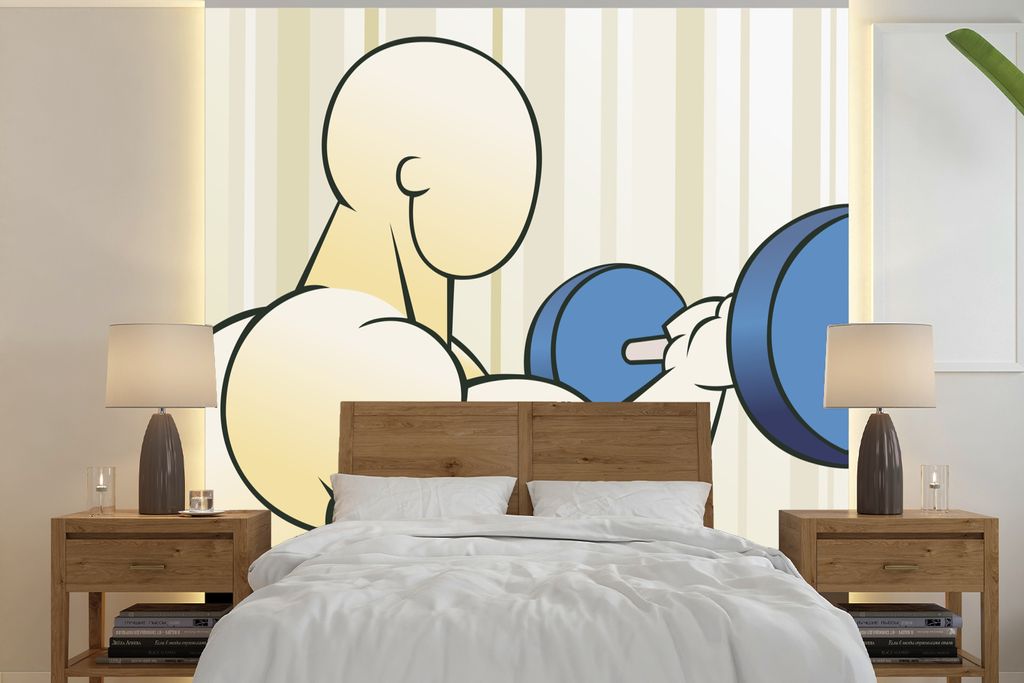 MuchoWow Fototapete für Wohnzimmer oder Schlafzimmer Wandtapete Vinyl Motivtapete Eine Illustration eines Bodybuilders mit einer blauen Hantel -...