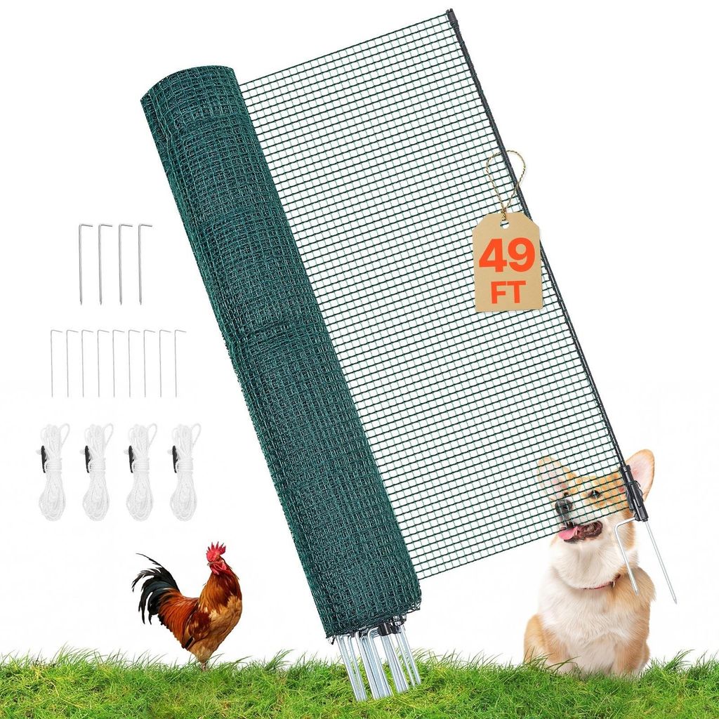 Mobiler Hunde- und Hühnerzaun - Weidenzaun-Netz 15 x 0,9 m - PE-Netz - Pfosten mit Doppelspitze - Abspannseile inklusive - Für Garten und Camping