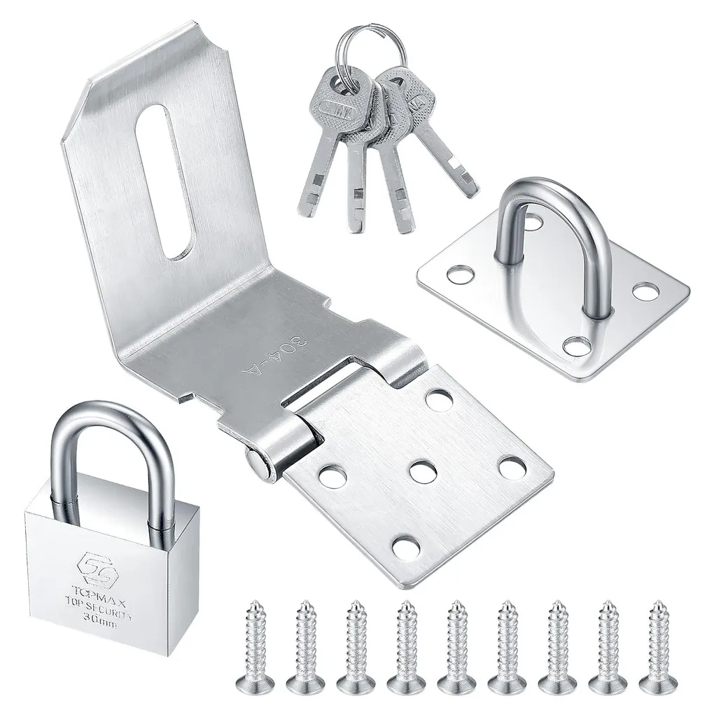 Verrou de porte 10cm inox argenté avec cadenas pour abri de jardin