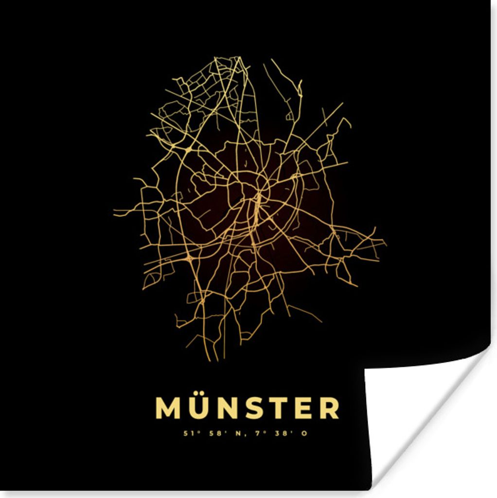 MuchoWow Poster Gold - Münster - Karte - Stadtplan - Karte 100x100 cm - Babyzimmer