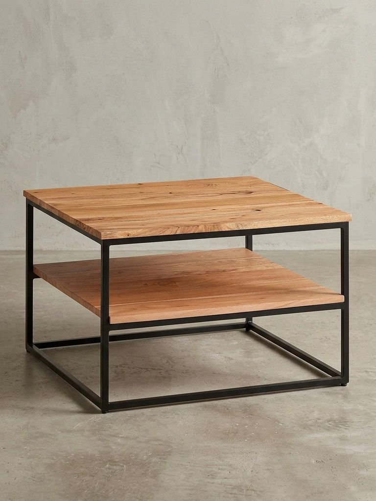 Quadratischer Couchtisch 60x60x41 cm mit massiver Akazienholzplatte und schwarzem Metallgestell, freigestellt auf weißem Hintergrund in der Frontalansicht._#sku_BARWL6.363#