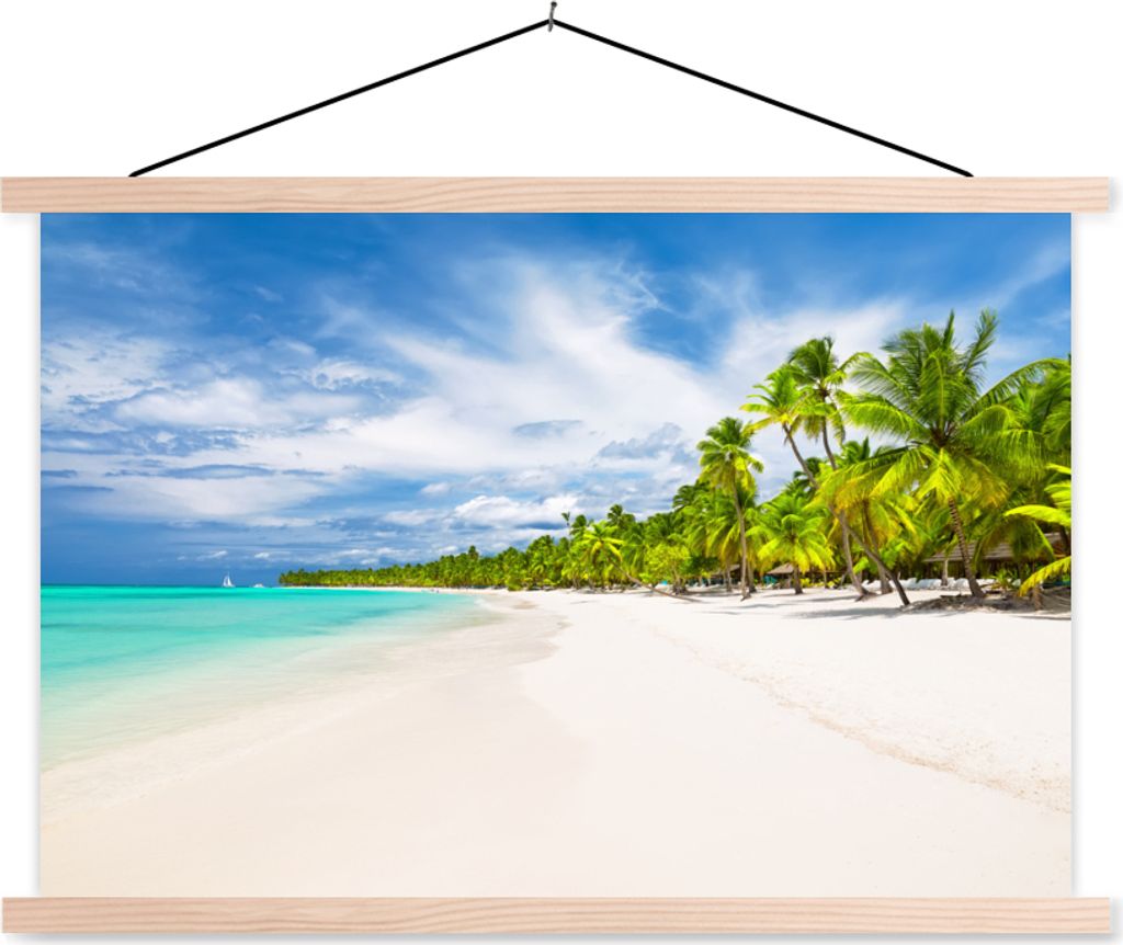 MuchoWow Textilposter Strand - Meer - Palmen 120x80 cm mit holzfarbenen Rahmen - Aufhängeset