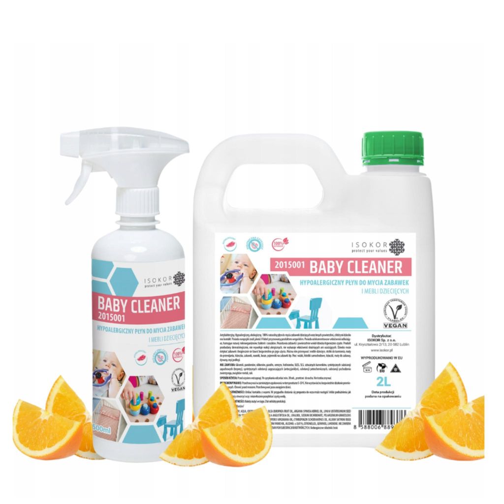 ISOKOR | Baby Cleaner | 2 L + 500 ml | Hypoallergener Spielzeugreiniger für Babys | Natürlicher Reiniger für Möbel, Textilien & Kinderzimmer