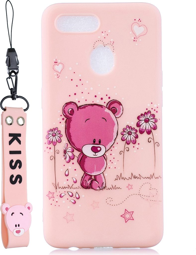 Für OPPO A7 Cartoon Lovely Coloured Painted Soft TPU Rückenbezug rutschfest Full Protective Case mit Lanyard Light Pink