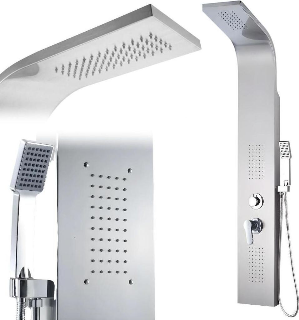 A collage of images showing different views of a modern shower panel system.