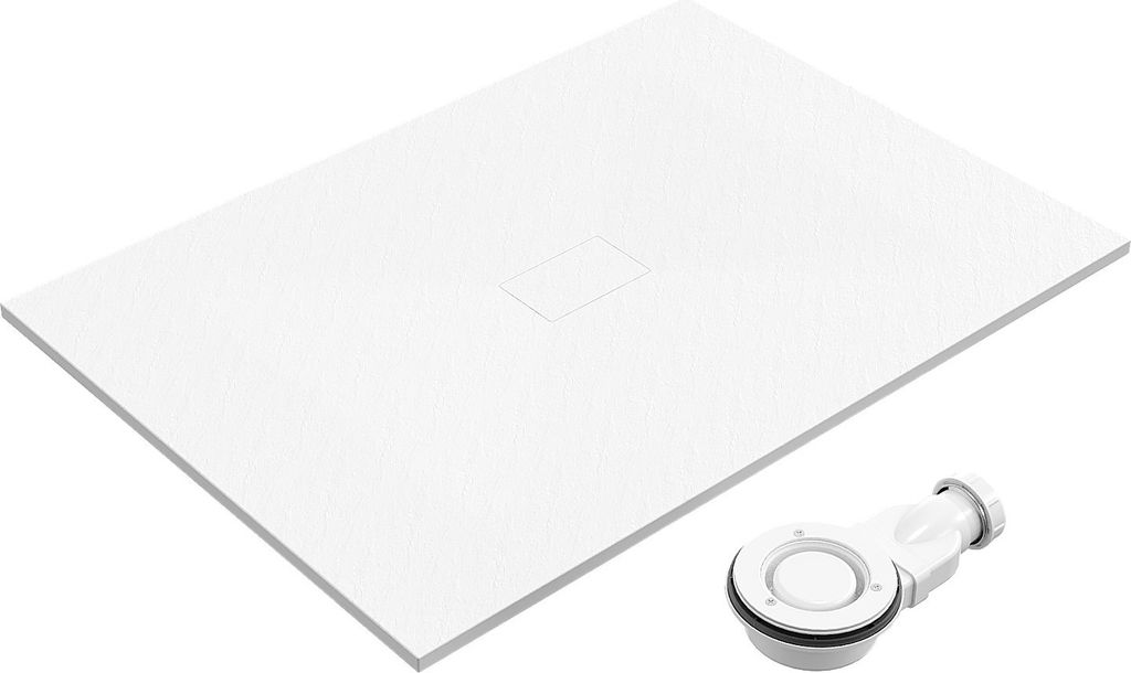 SMC Duschwanne 140x100cm weiß Steinoptik mit Ablaufgarnitur Zuschneidbar Duschtasse Eckduschwanne Brausewanne