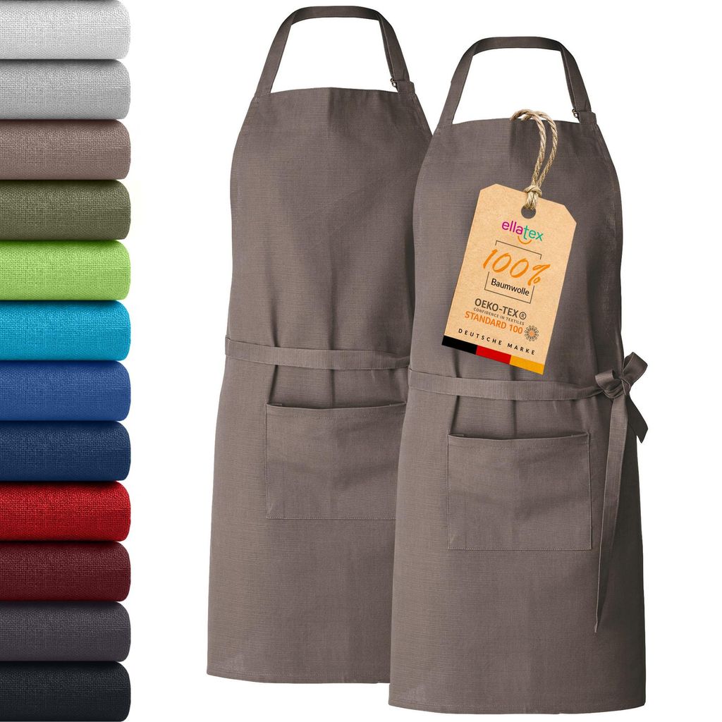 2er Pack EllaTex Kochschürze Latzschürzen 100% Baumwolle Unisex Schürzen verstellbar mit Tasche Grillschürze Küche, Farbe: Schokobraun