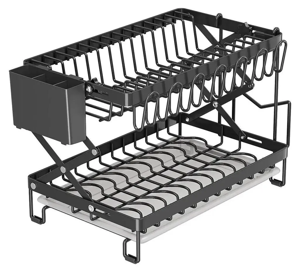 Égouttoir à vaisselle 2 niveaux noir en acier pliable - Drainage auto