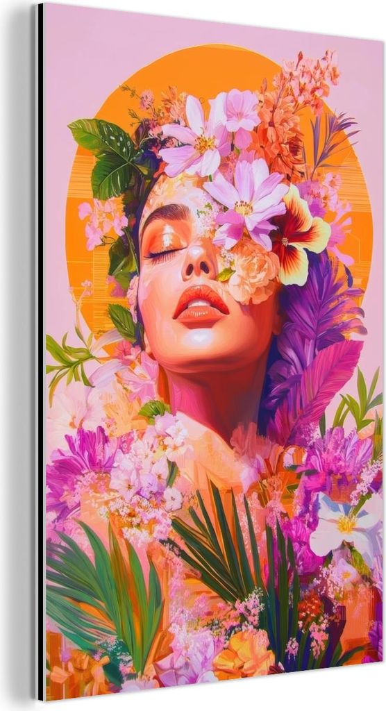 MuchoWow Wanddekoration Metall Metallbild Wandkunst 80x120 cm Frau - Abstrakt - Kreis - Blumen MuchoWow Aluminium Gemälde - Bilder