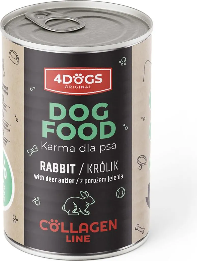 4Dogs Collagen Line Coniglio e Corna 400g: Cibo Umido Funzionale
