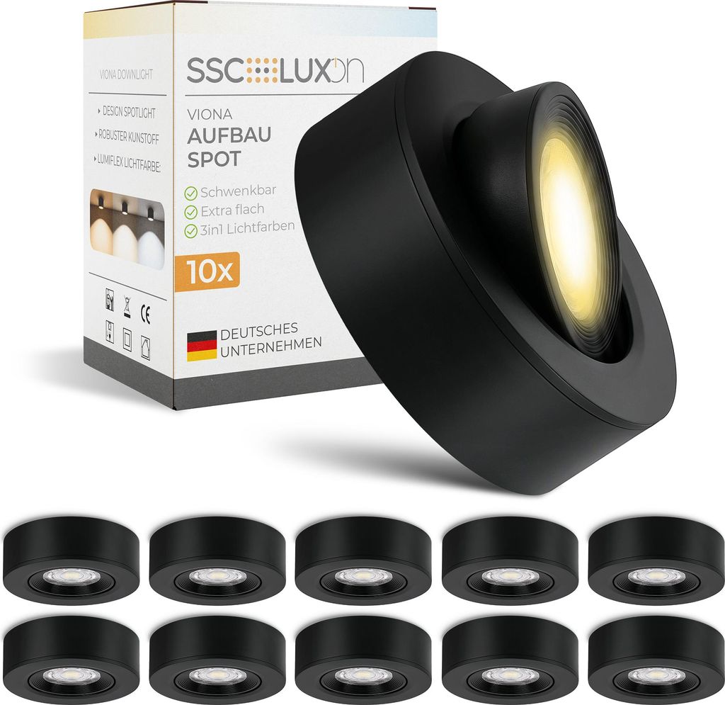 10er Set SSC-LUXon VIONA LED Aufbaustrahler flach schwarz Produktbild 