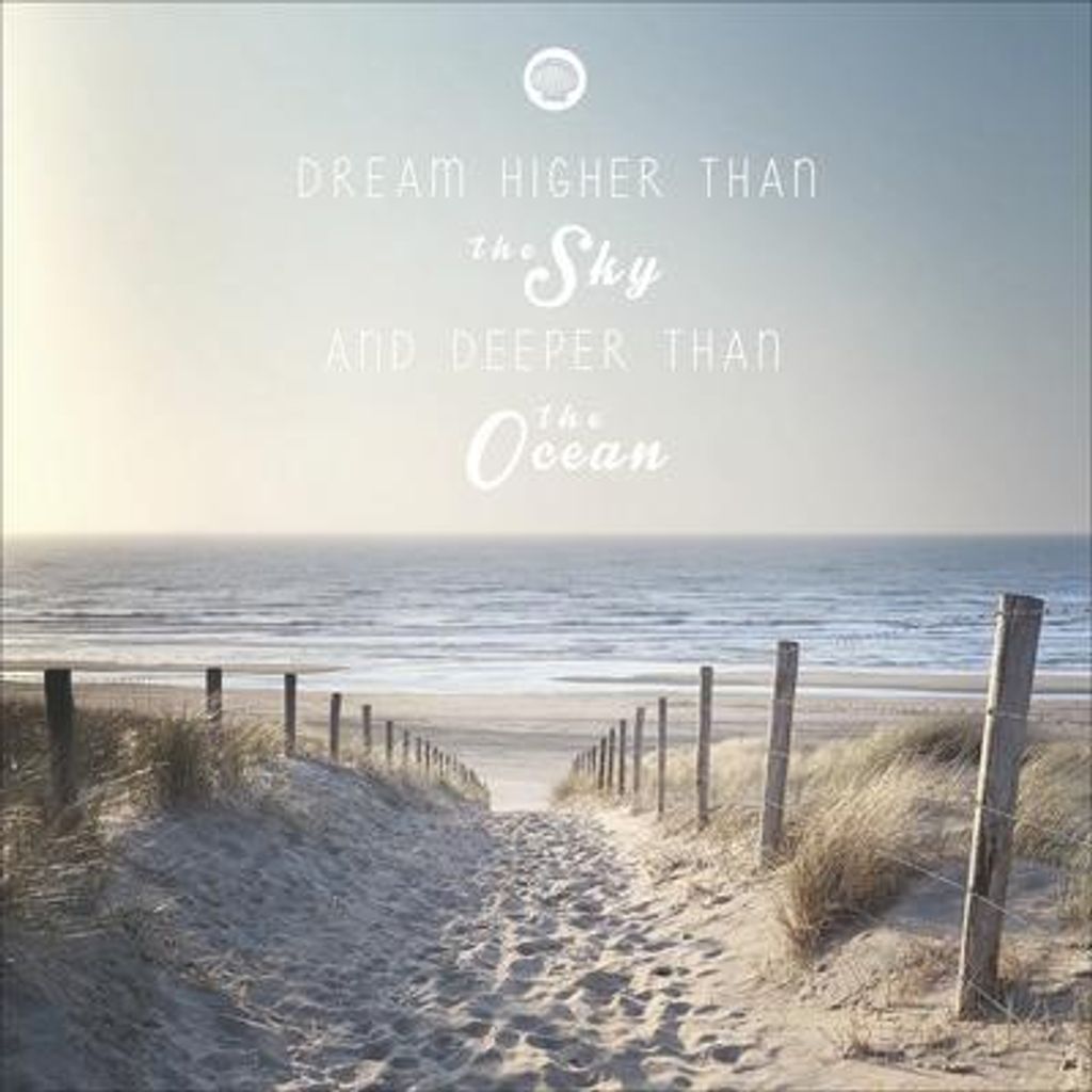 Glasbild Dream mit inspirierendem Spruch, Blau Beige, skandinavischer Stil, 30x30 cm