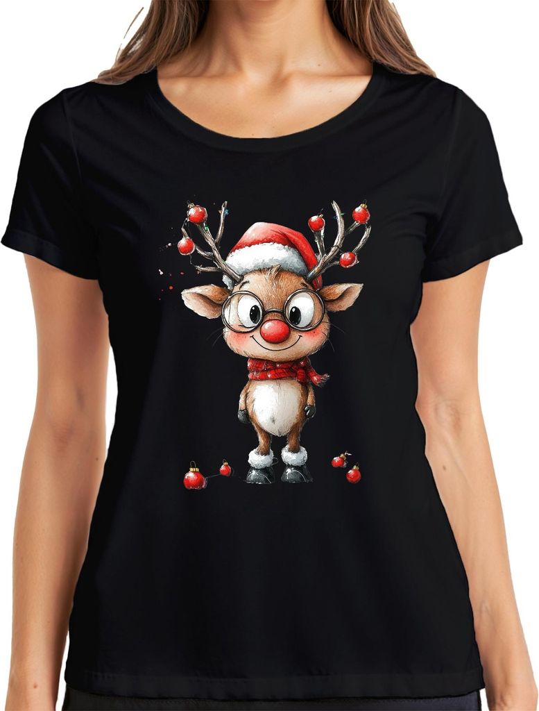 Lustiges Rentier Rudolf mit Brille rote Nase Weihnachten Geschenk Damen T-Shirt, Schwarz, L