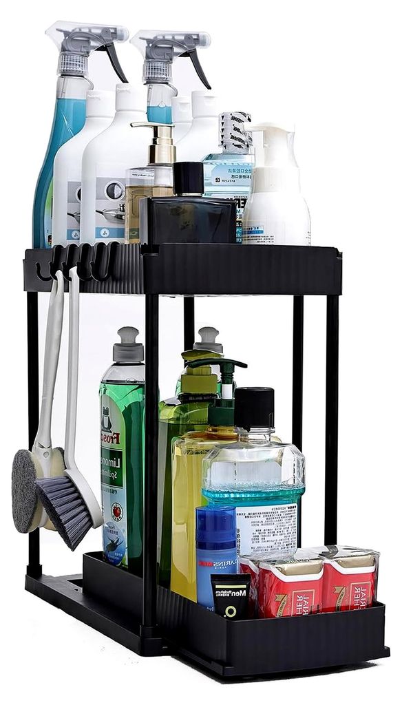 Unter Waschbecken Regal Organizer, 2 Stufig Küchen Organizer mit 5 Haken, Spülschrank Organizer Ausziehbar, küchenschrank für Spülschrank & Ba...