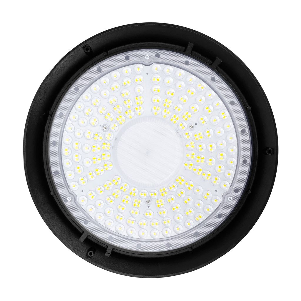 A top-down view of a circular industrial LED light fixture.