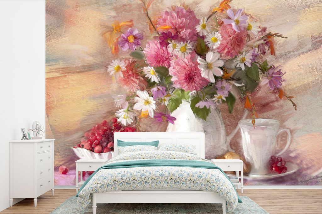 MuchoWow Fototapete für Wohnzimmer oder Schlafzimmer Wandtapete Vinyl Motivtapete Gemälde - Blumen - Vase - Ölfarbe - 600x400 cm - Vinyltapeten
