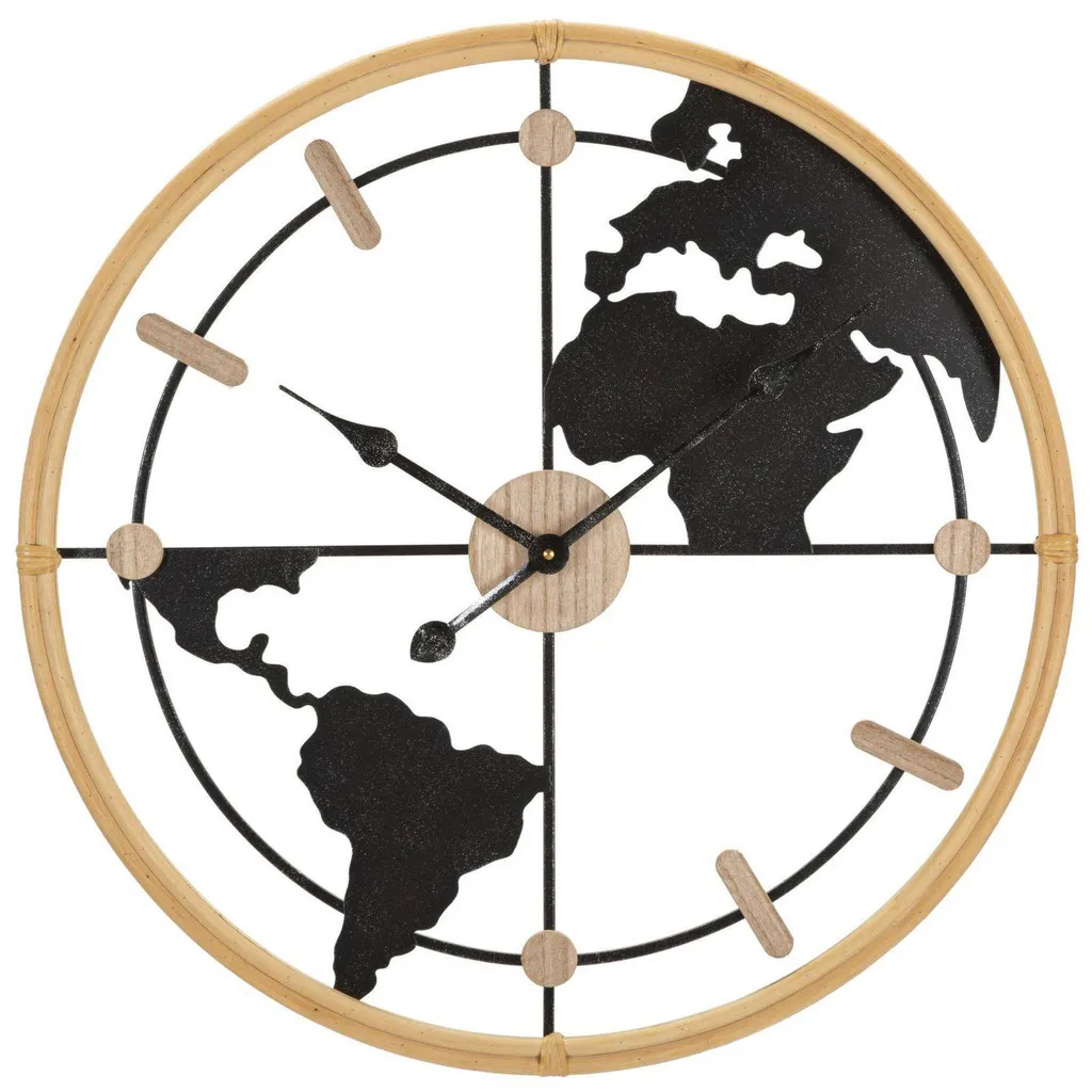 Horloge Murale Silencieuse Carte du Monde 60cm Brun Noir Sans Tic-Tac