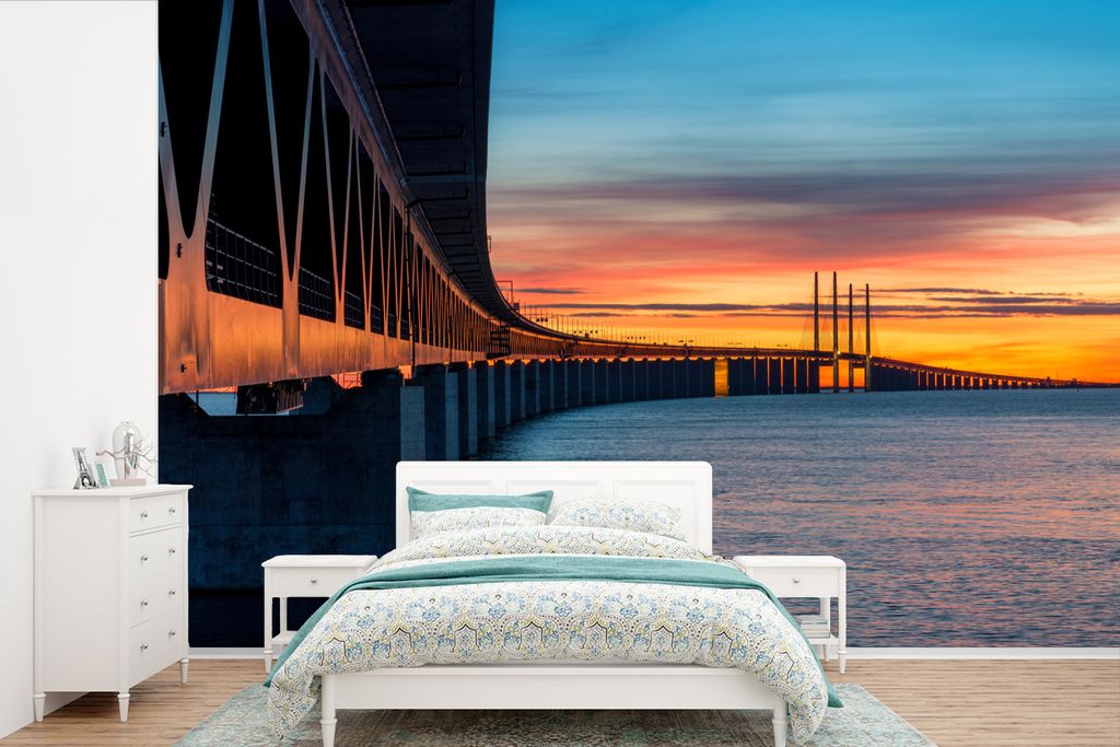 MuchoWow Fototapete für Wohnzimmer oder Schlafzimmer Wandtapete Vinyl Motivtapete Eine Brücke zwischen Dänemark und Schweden - 390x260 cm - Pa...