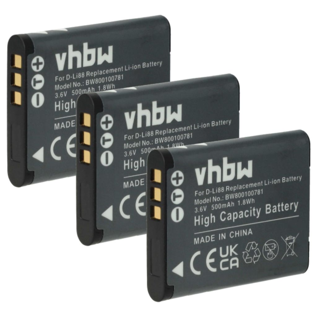 vhbw 3x Akku Ersatz für Sanyo DB-L80 für Kamera (500 mAh, 3,6 V, Li-Ion)