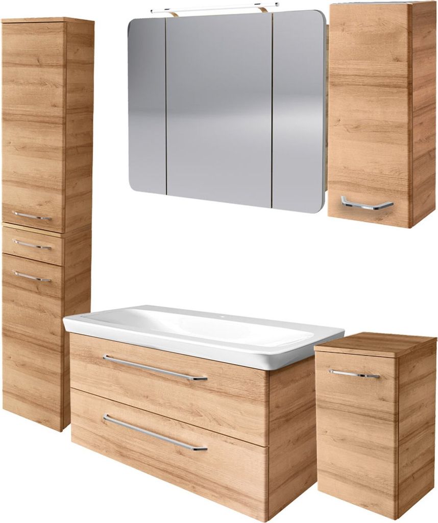Fackelmann MILANO Badmöbel Set 6-teilig, 100 cm, Braun hell, Keramik, Spiegelschrank + 3 Badschränke