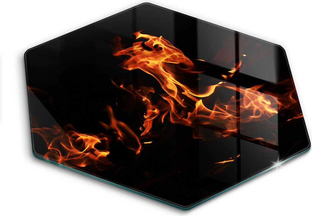Glasschneideplatte - Herdabdeckplatte - Hexagon 40 cm -Schneidebrett - Spritzschutz - Live Fire Flame