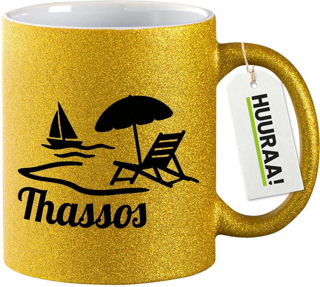 Huuraa Glitzertasse Thassos Inselmotiv Griechenland 330ml Gold Keramik Kaffeebecher Geschenkidee