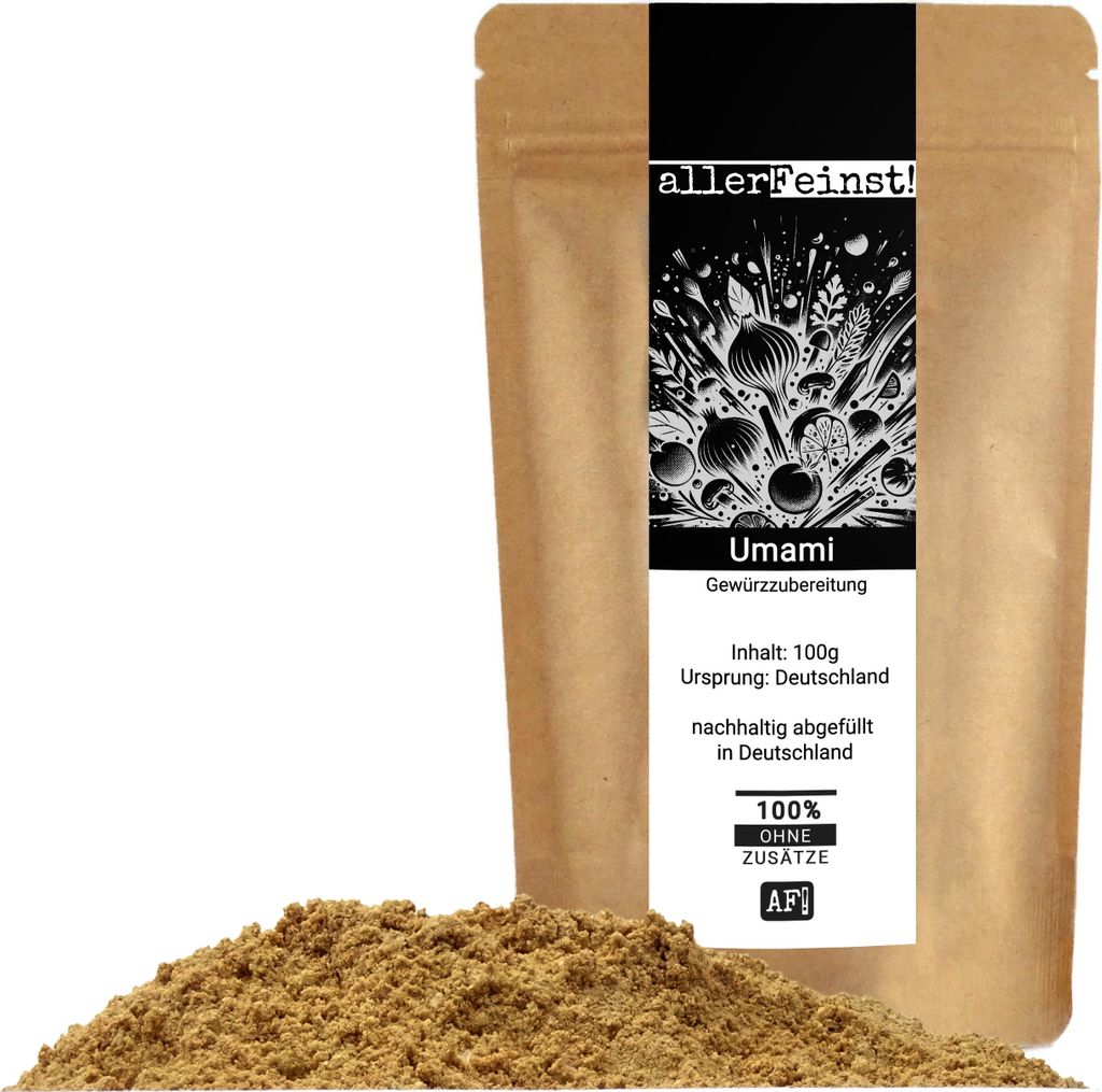A pouch of Umami spice blend is shown with some of the spice spilled in front of it.