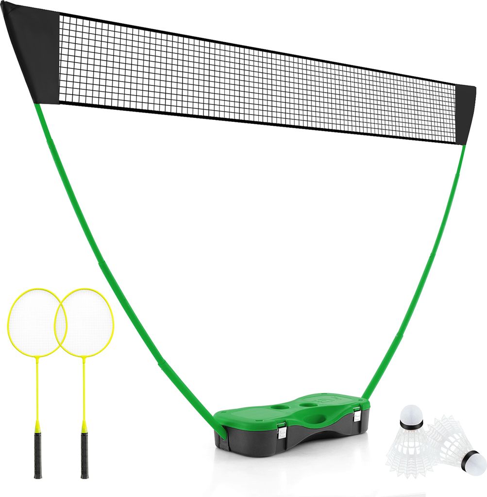 COSTWAY Badminton-Set mit Schlägern, tragbares Federballspiel mit 2 Federbällen, Premium-Netz, 2 Schlägern & Aufbewahrungsbox. Netzständer grün