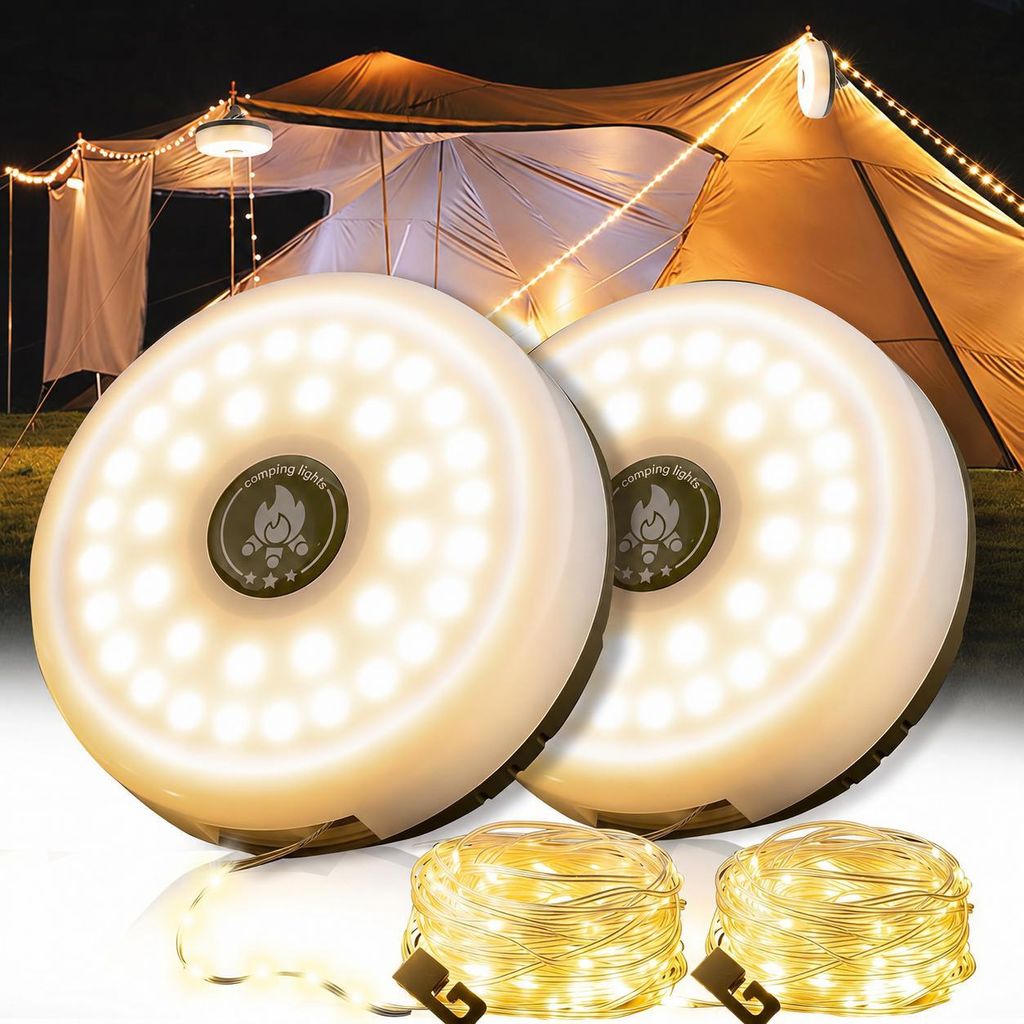 2er 3-in-1 Camping Lichterkette Aufrollbar,5 Leuchtmodi,3 Modi,Tragbare LED Campinglampe,USB wiederaufladbar Campingleuchte,Lichterketten außen 10m