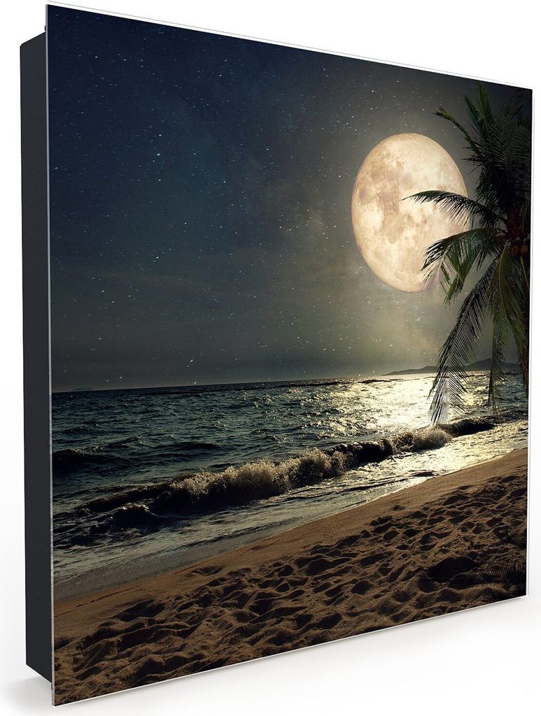 Nachbildung-Schlüsselkasten, Magnetpinnwand und Memoboard mit Glasfront Motiv Strand bei Nacht mit Mond