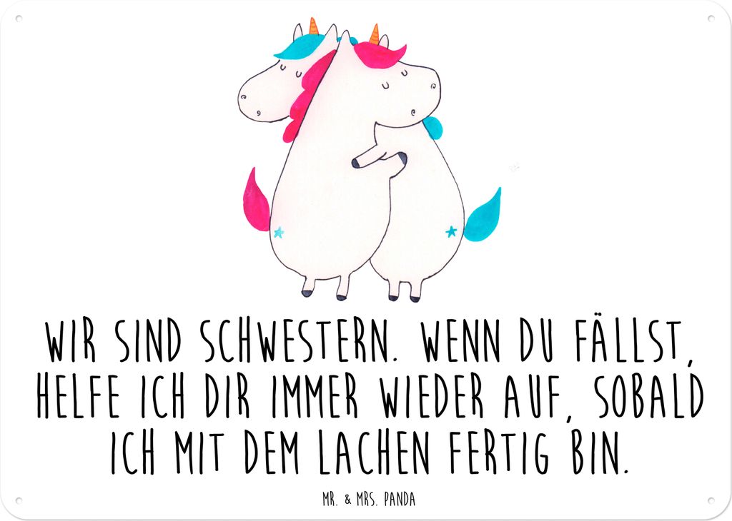 Mr. & Mrs. Panda Schild Einhörner Umarmen DIN A6 - Weiß - Geschenk, Schwestern, Einhorn, Türschild, Blechtafel, Freundin, Familie, Wandbild, Sch...