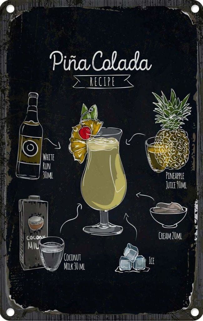vianmo Blechschild 30x20 cm Pina Colada Coktail Recipe