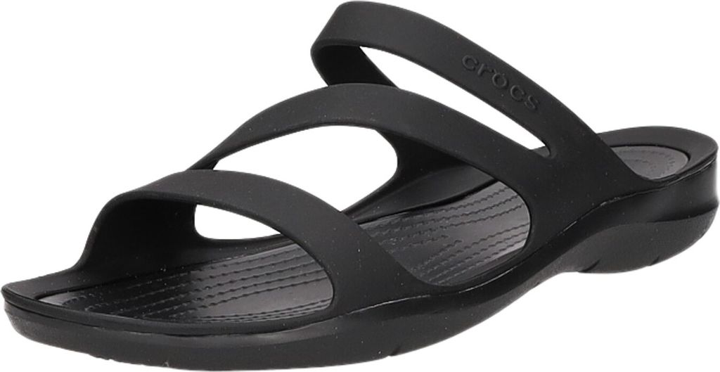 A black Crocs sandal is shown from a side angle against a white background.