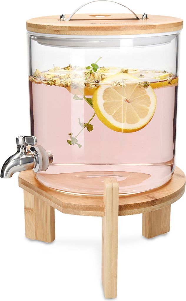 Navaris 5L Getränkespender mit Zapfhahn aus Edelstahl - Glas Wasserspender mit Stand aus Bambus Holz - Spender aus hitzebeständigem Borosilikatglas