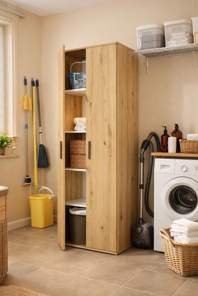 Utility-Schrank 60 cm | Weiß | Vorratsschrank für Staubsauger, Mopps & Reinigungsmittel | 176 cm hoch – Laminierte 16 mm Platte, Mattes - Artisan