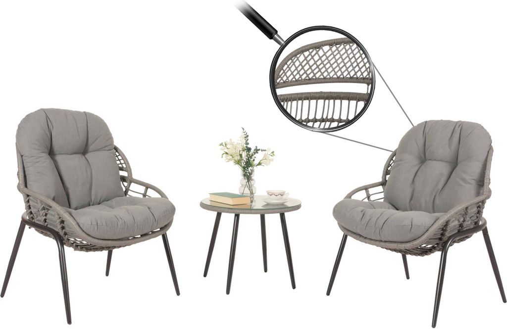 Poly-Rattan Garnitur HWC-N33, Balkon-Set Gartengarnitur Sitzgruppe Stuhl Beistelltisch - grau, Polster dunkelgrau